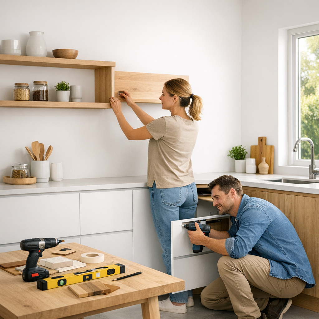 A man uses a drill to install a kitchen drawer while a woman adjusts shelves on the wall.