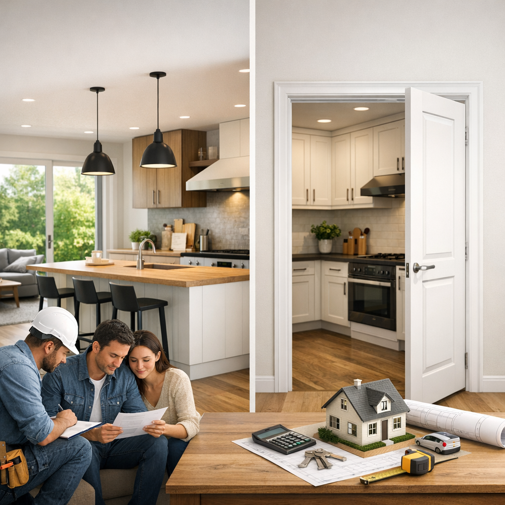 A couple and a contractor discuss plans while sitting at a table with a miniature house, blueprints, and tools in a modern kitchen setting.