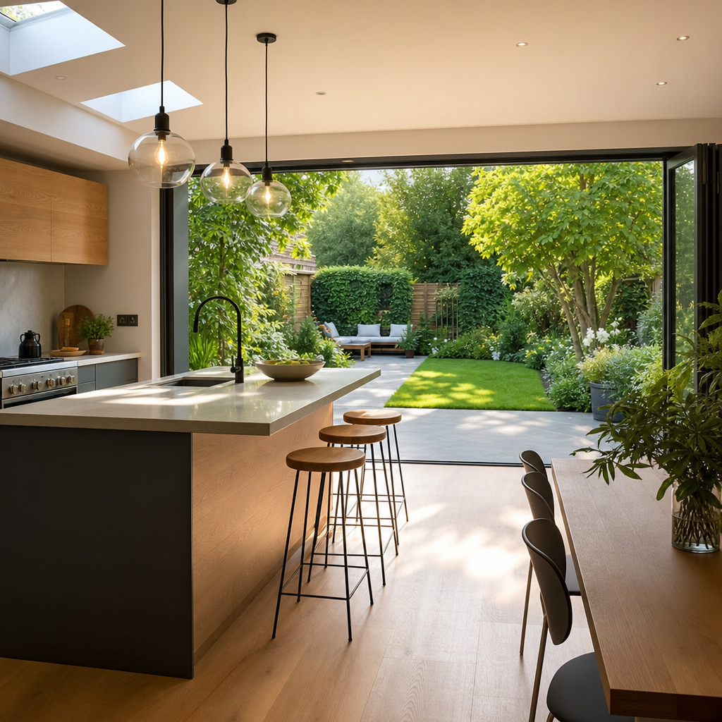 A modern kitchen with wooden accents, a large island, and open glass doors leading to a lush, green garden area.