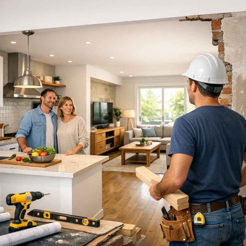 A couple stands in a renovated kitchen discussing a project with a contractor who is holding wooden beams.