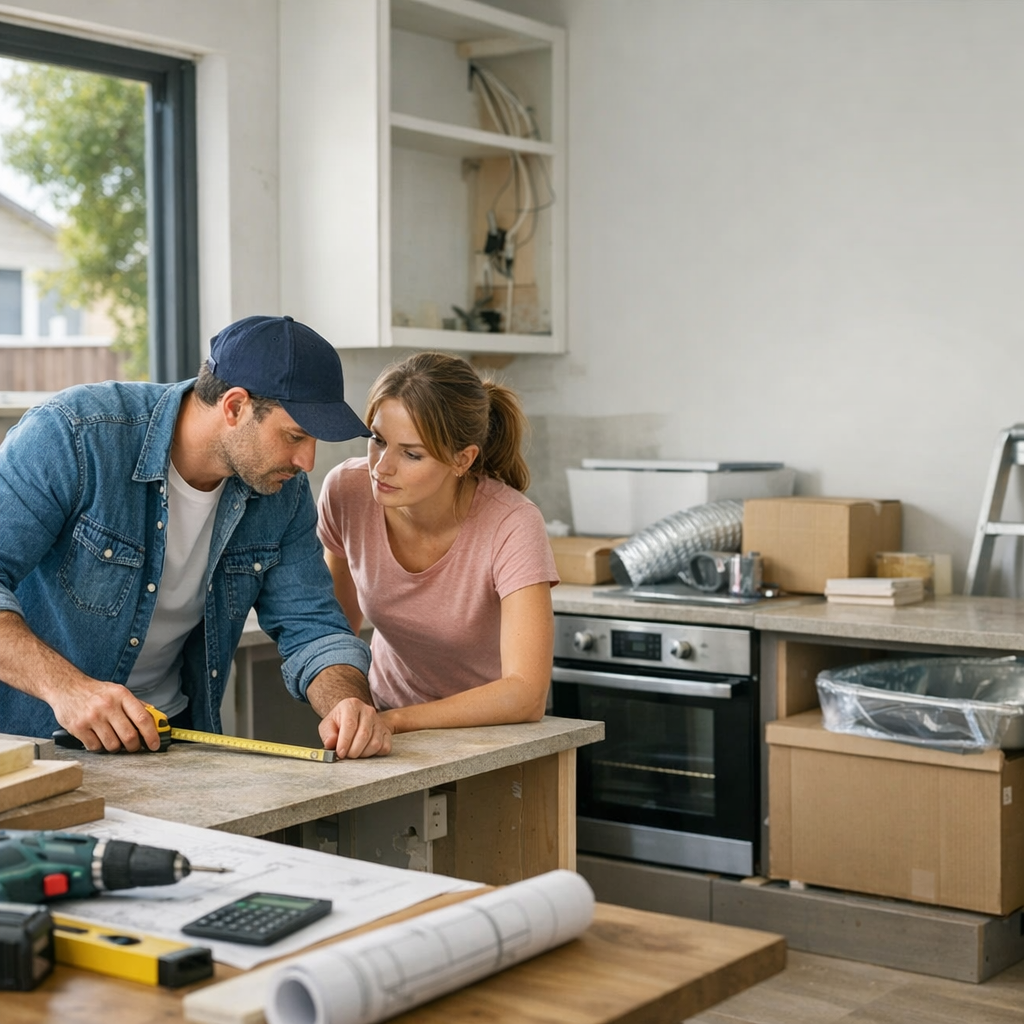 A man and a woman examine measurements together at a kitchen renovation site, surrounded by tools and materials.