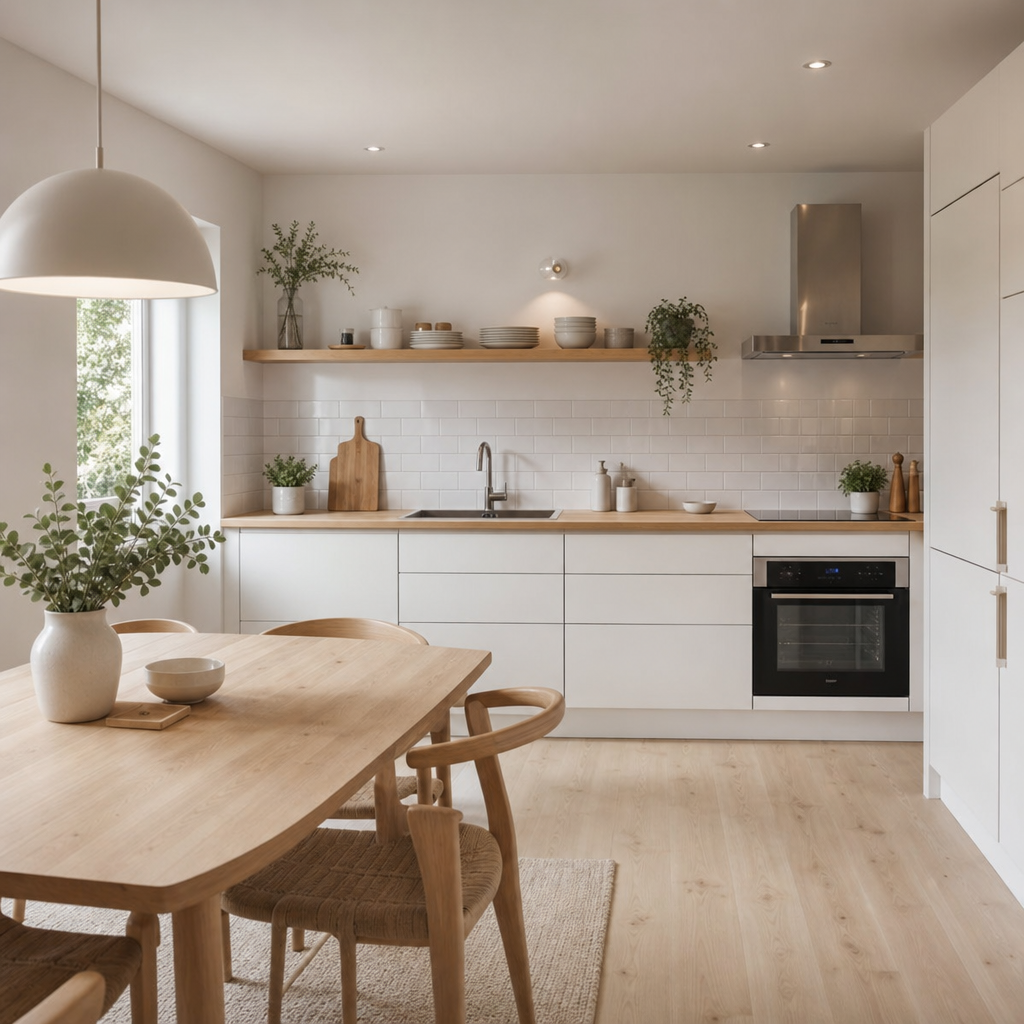A modern kitchen featuring white cabinetry, wooden countertops, plants, and a dining table with wooden chairs.