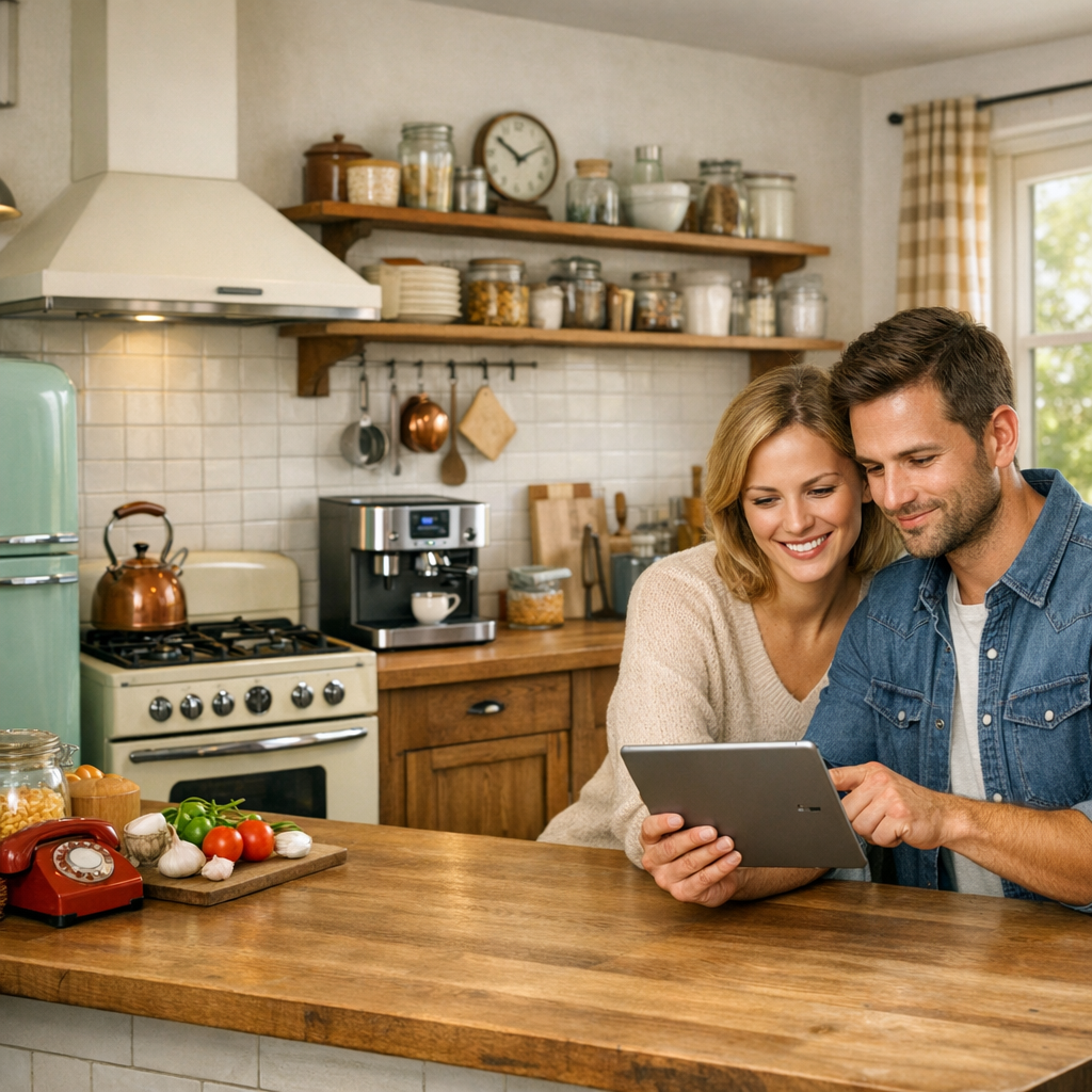 A woman and a man are sitting at a wooden kitchen table, smiling as they look at a tablet together, with a vintage-style kitchen in the background.