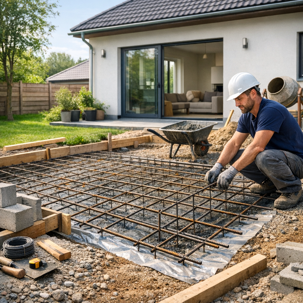 A construction worker in a white hard hat kneels on a gravel foundation, assembling rebar for a concrete slab in front of a newly built house.