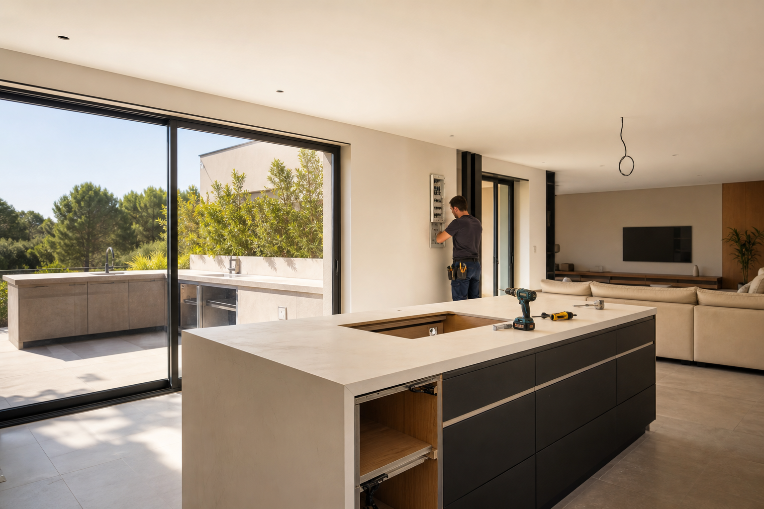 Plan de rénovation avec déclaration h2 cuisine ouverte et implantation des prises électriques