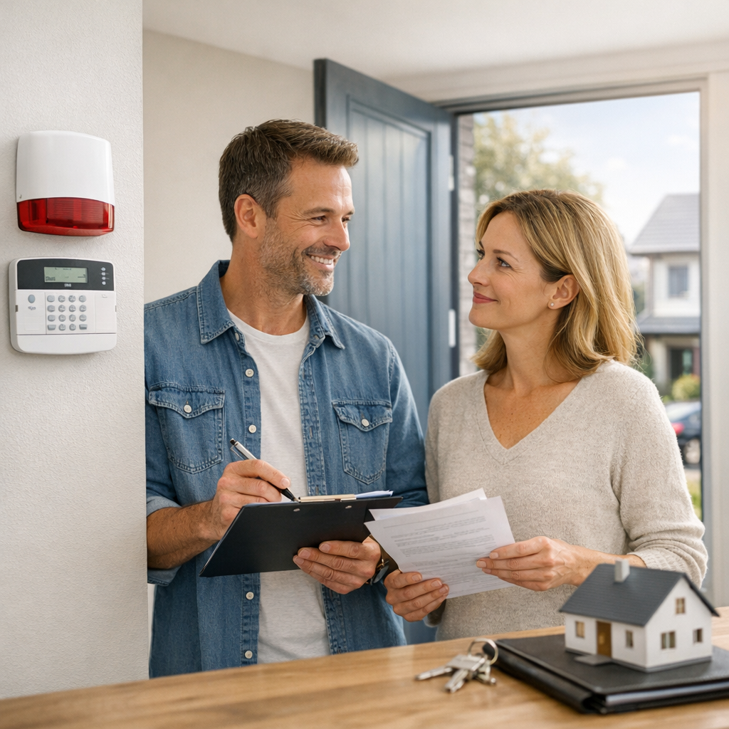 A man and woman smile at each other while discussing paperwork in a home entryway, with a model house and keys on the table.