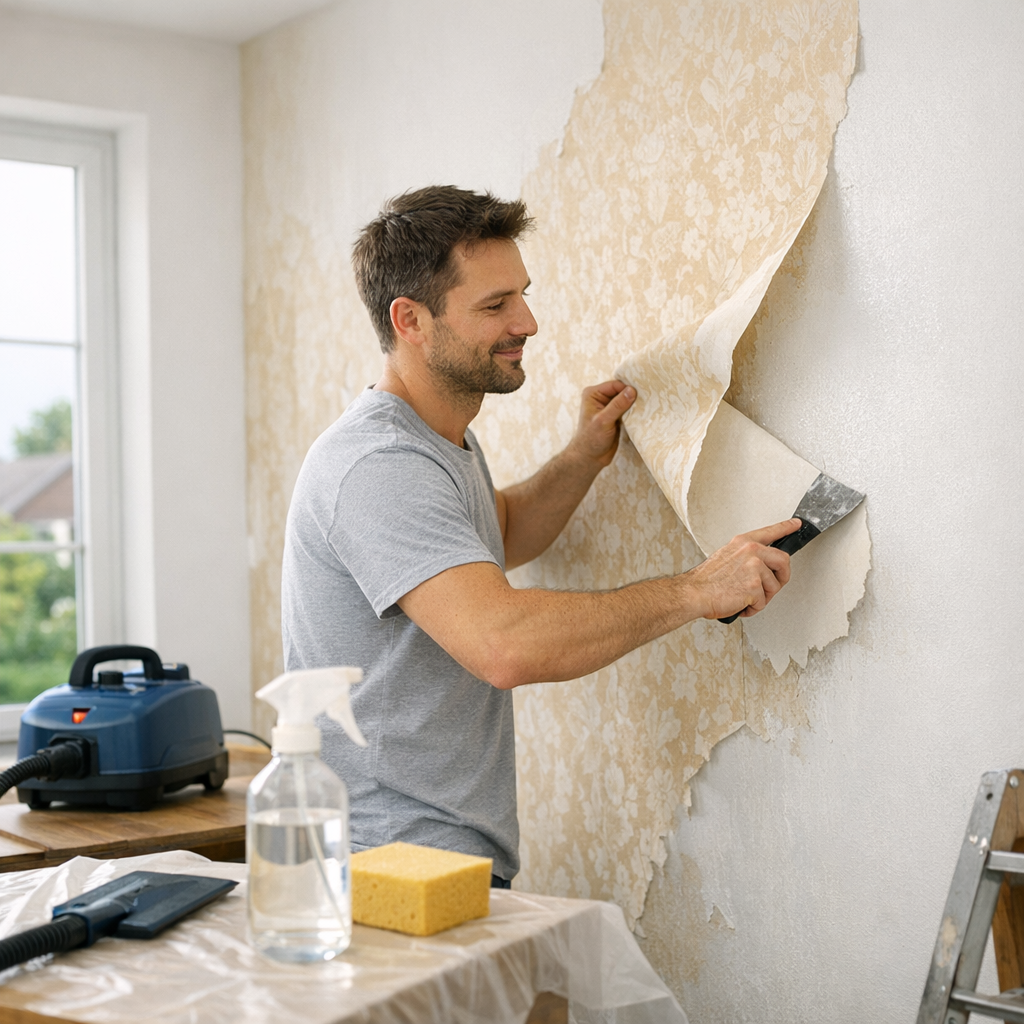 A man in a gray t-shirt is removing floral wallpaper from a wall using a scraper while a wallpaper steamer and cleaning supplies are nearby.
