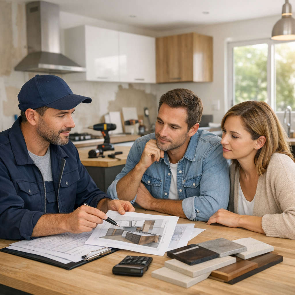A contractor discusses renovation plans with a couple, showing them design sketches and materials on a kitchen table.