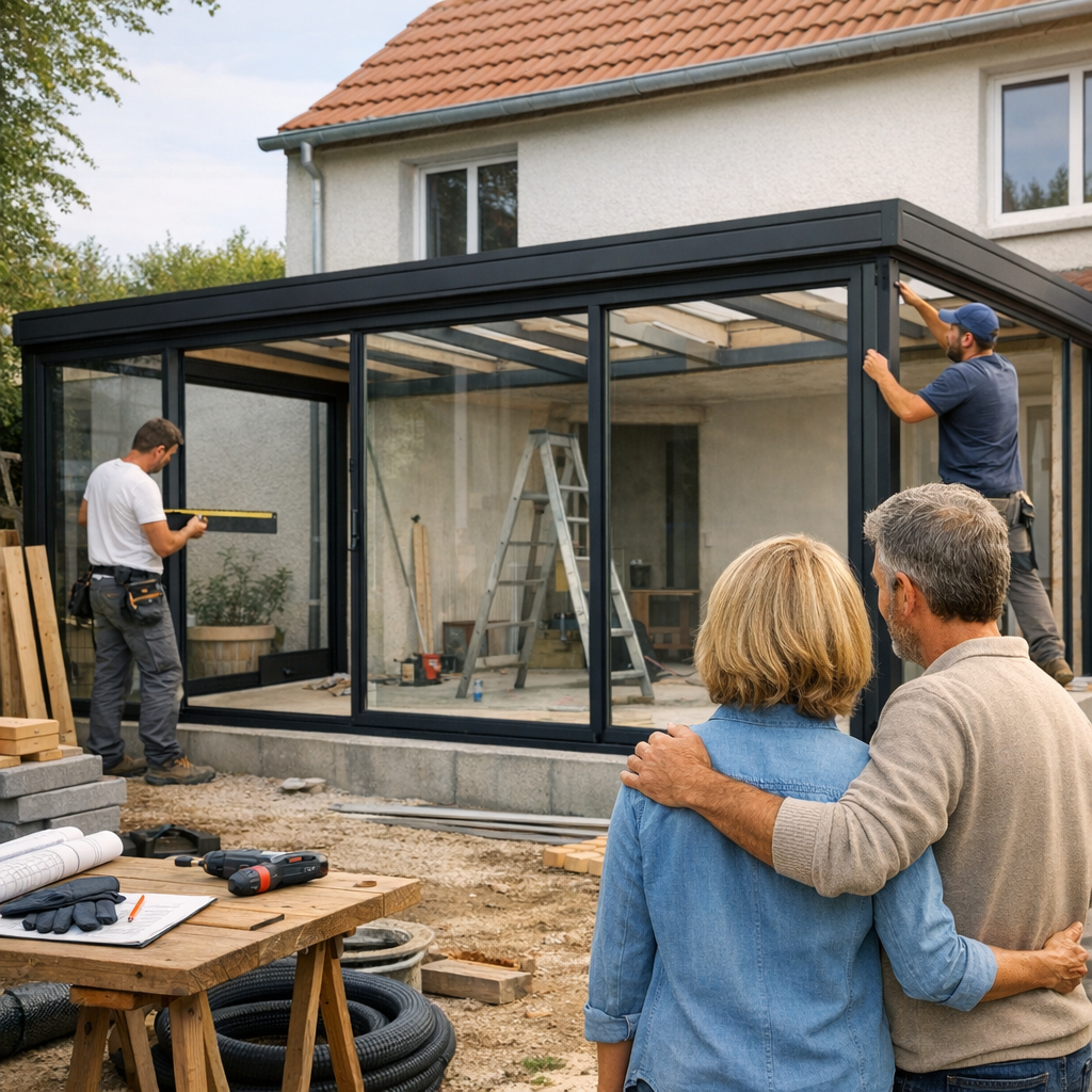 A couple watches as workers construct a glass-walled extension on their home.