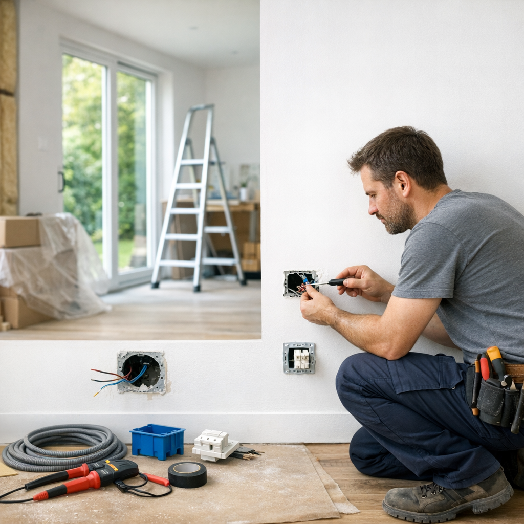 A man in a grey shirt and blue pants kneels while wiring an electrical outlet in a partially renovated room with a ladder and packing boxes visible in the background.