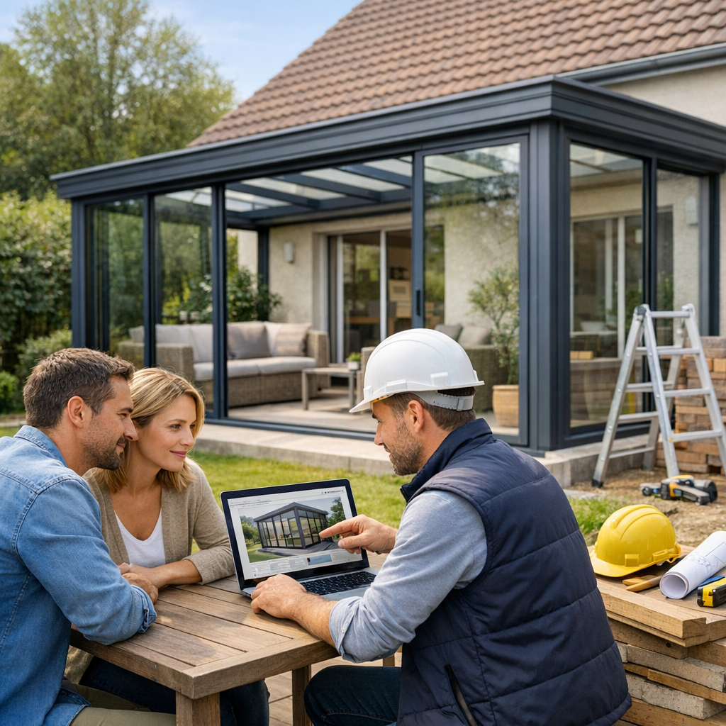 A contractor shows a couple a design on a laptop at a table outside their home, which features a glass extension.