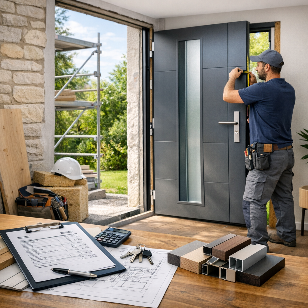 A contractor measures a modern front door in a home, with blueprints, tools, and materials visible on a table.