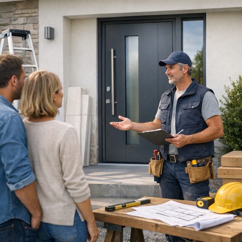 A contractor discusses project details with a couple outside a modern home while holding a clipboard.