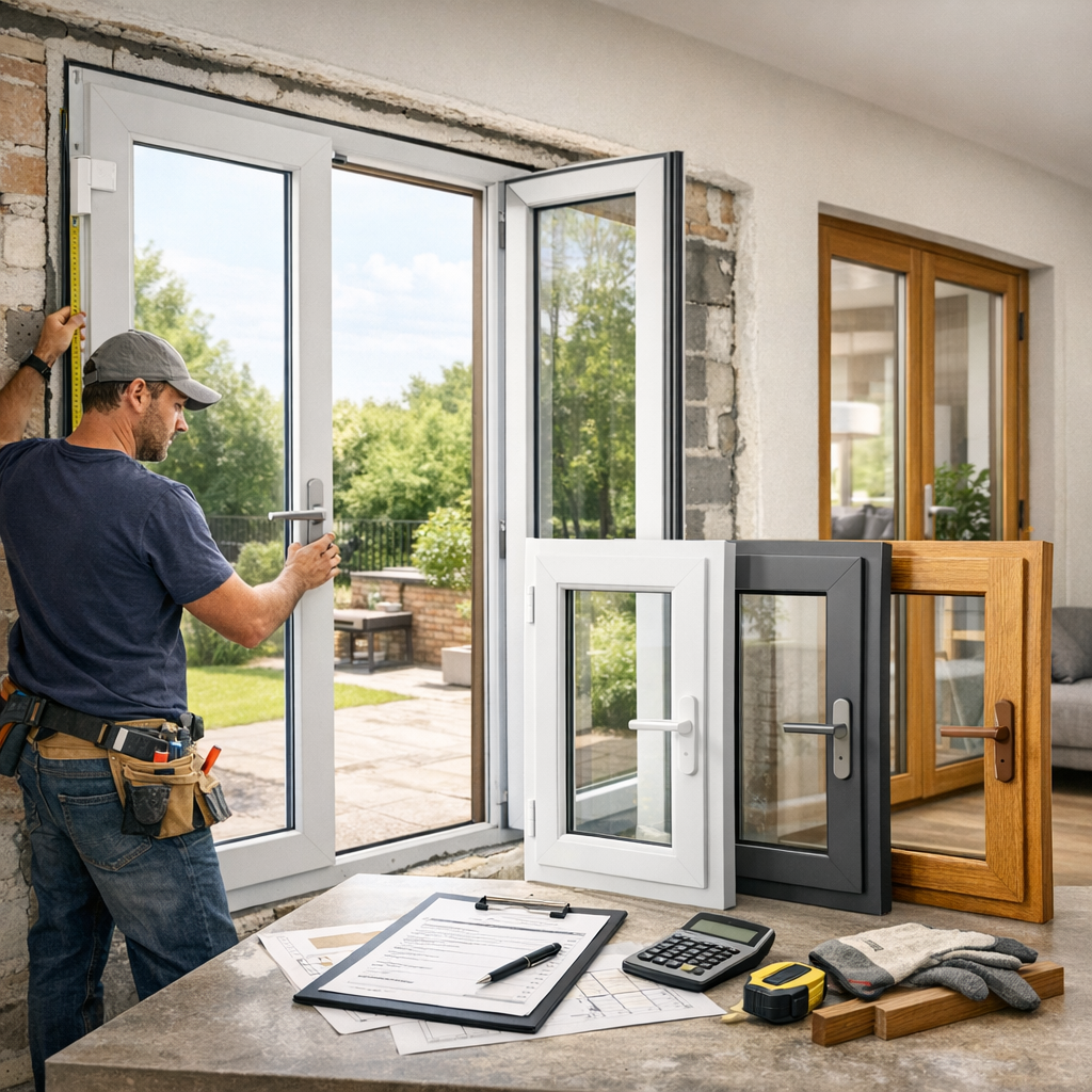 A worker measures a window frame in a well-lit room, with various window styles displayed on a table nearby.