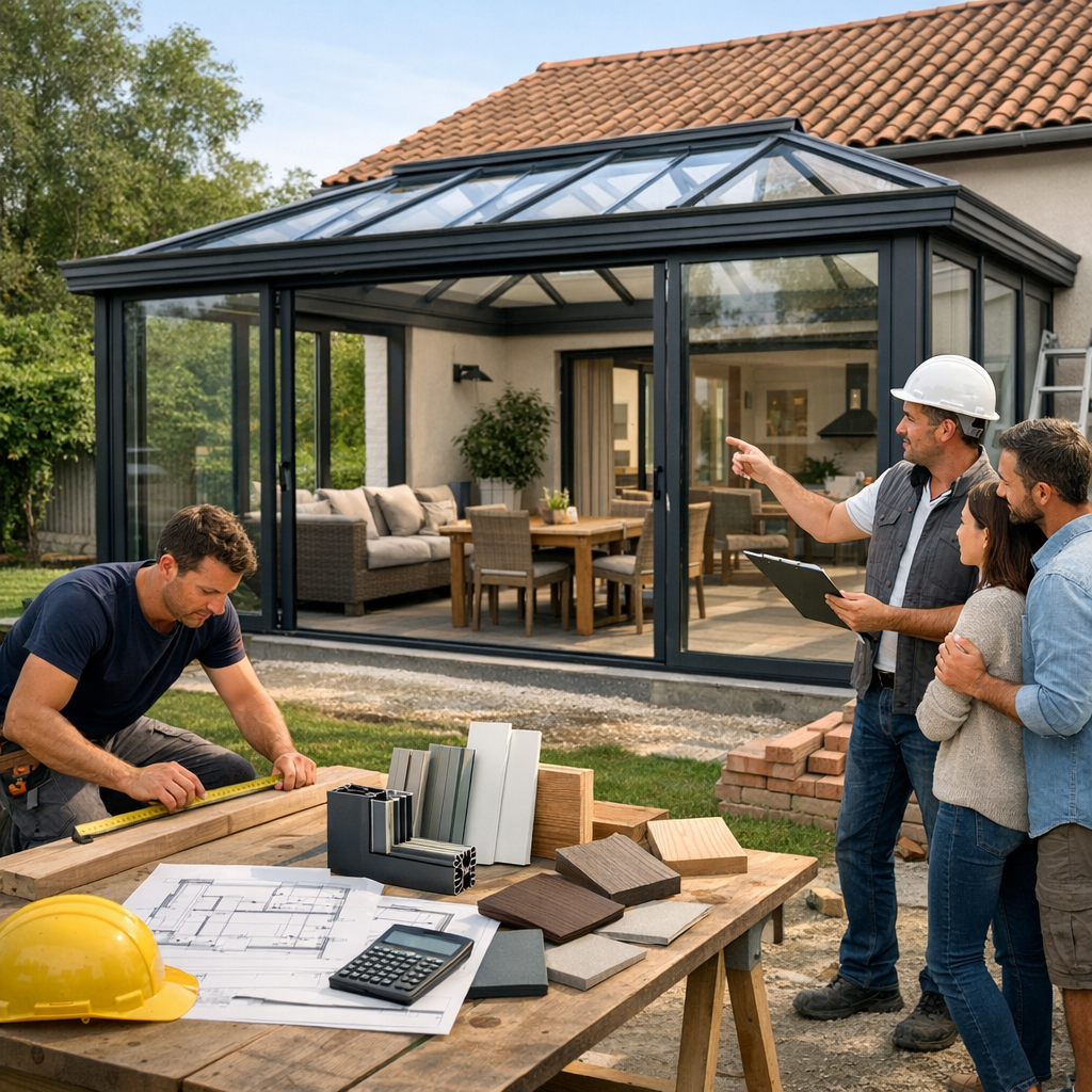 A construction worker measures wood while three people discuss plans and materials for a modern glass conservatory.