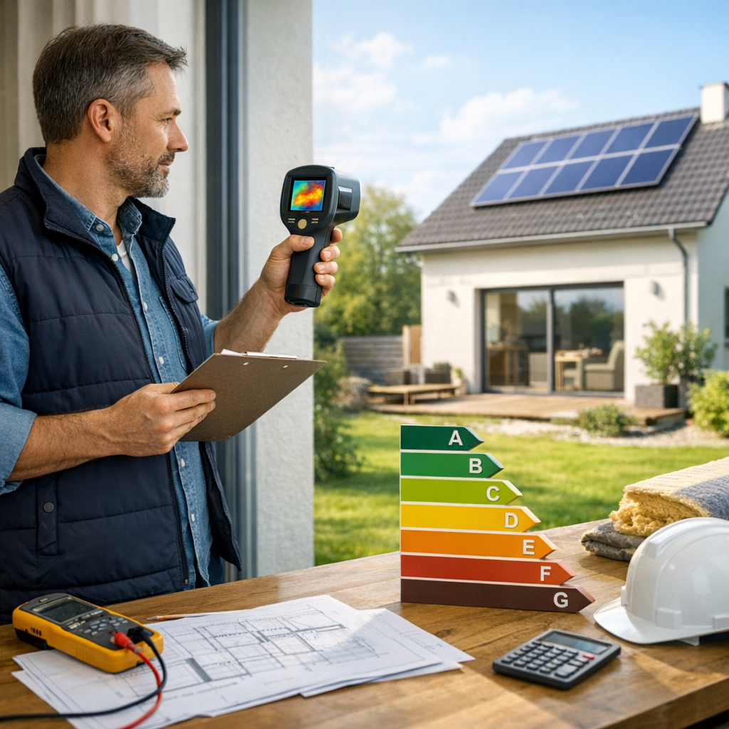 A man in a vest holds a thermal imaging camera and clipboard, assessing a house with solar panels and an energy efficiency rating chart on a table with building plans and tools.