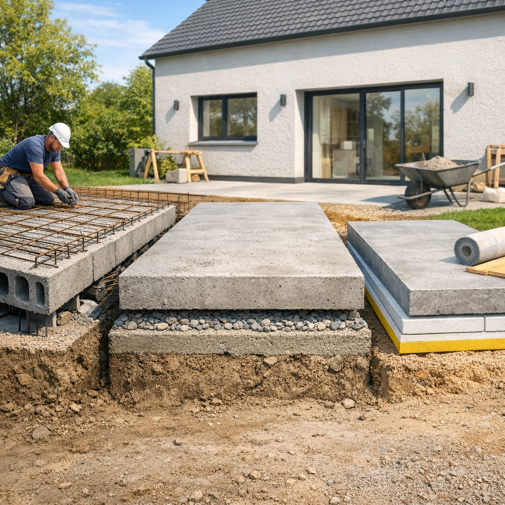 A construction worker kneels on a site preparing concrete slabs next to a newly built house.