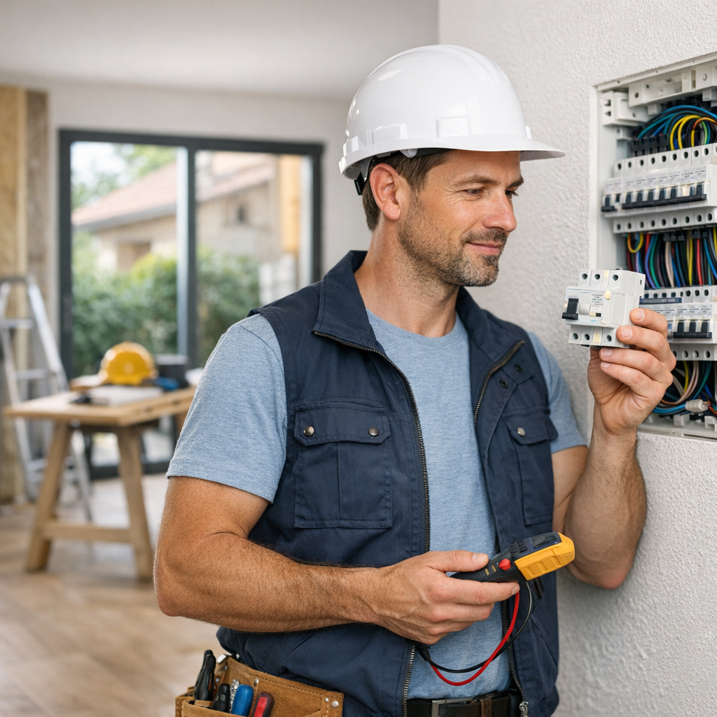 A man wearing a hard hat and a navy vest inspects an electrical circuit breaker with a multimeter in his hand.