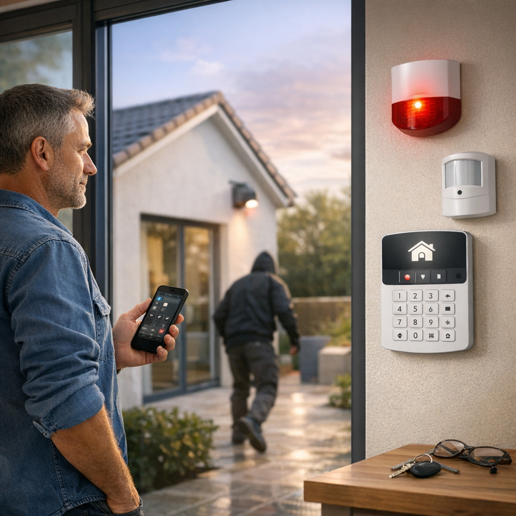 A man holding a smartphone watches as a burglar in a hoodie flees from a house with a visible security keypad and alarm system.