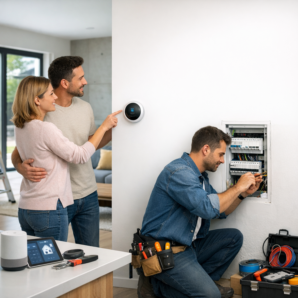 A technician works on a wall-mounted electrical panel while a couple looks on, interacting with a smart thermostat nearby.