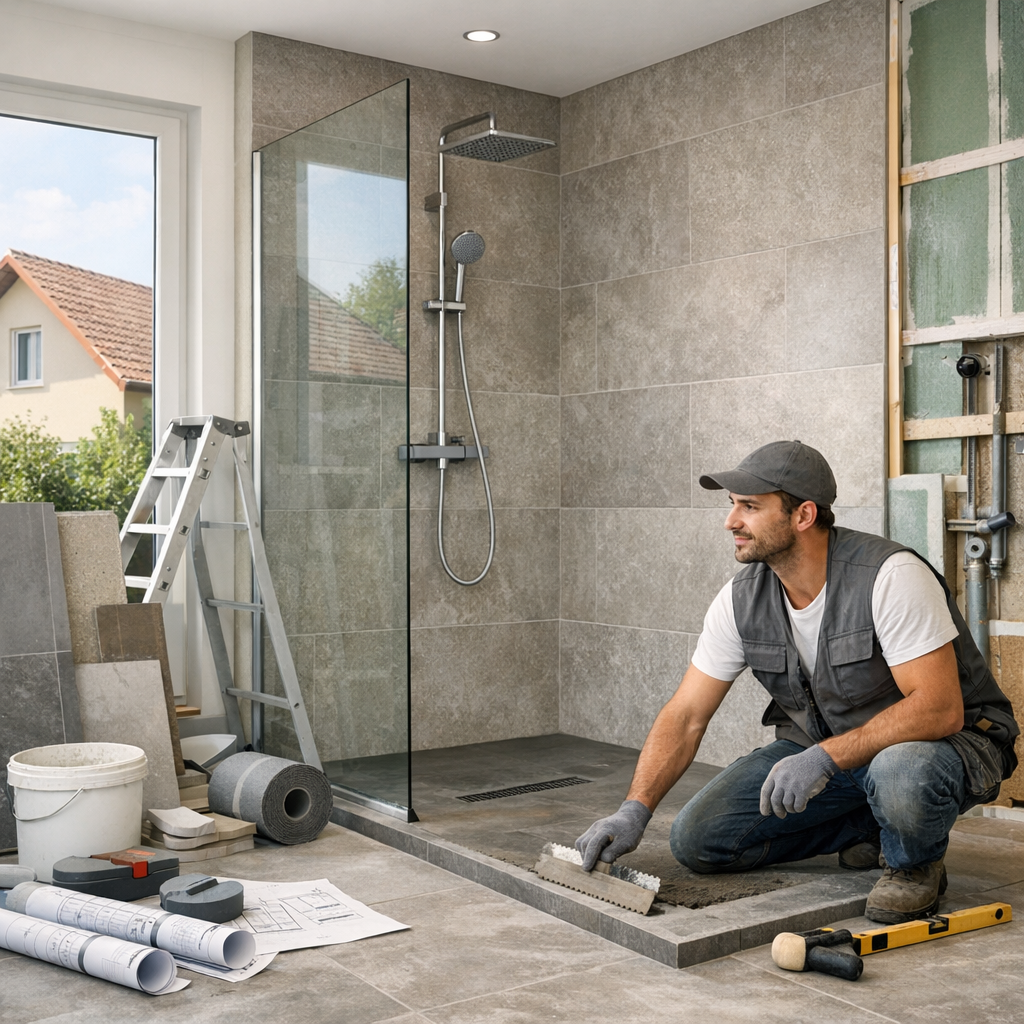 A worker installs tiles in a modern bathroom with a glass shower enclosure, surrounded by tools and materials.