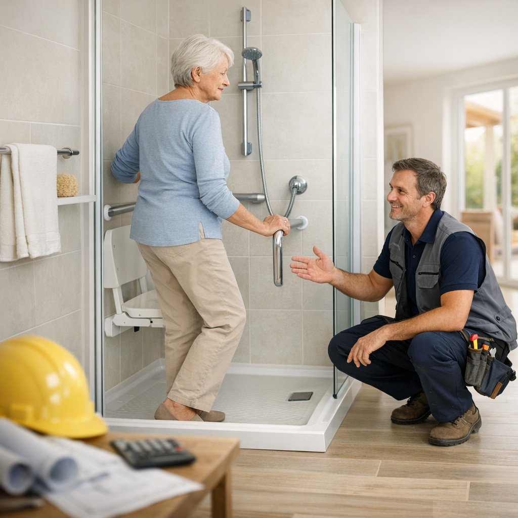 An older woman holds onto a grab bar while stepping into a shower, as a man crouches beside her, offering assistance.