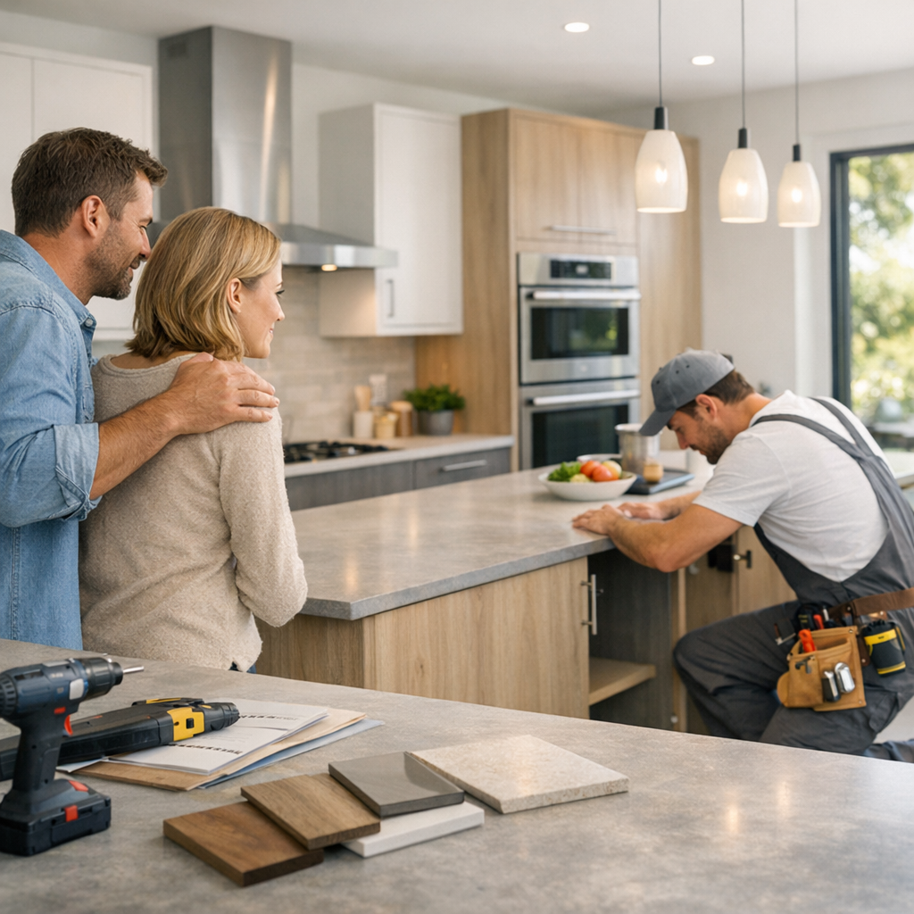 A couple observes a worker in a kitchen, discussing the renovation while tools and materials are arranged on the counter.