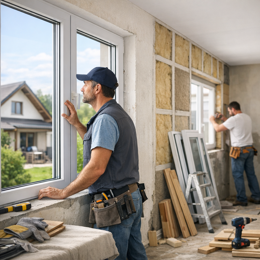 Two construction workers are installing windows in a partially finished room, with one man observing from inside and another working on a window frame in the background.
