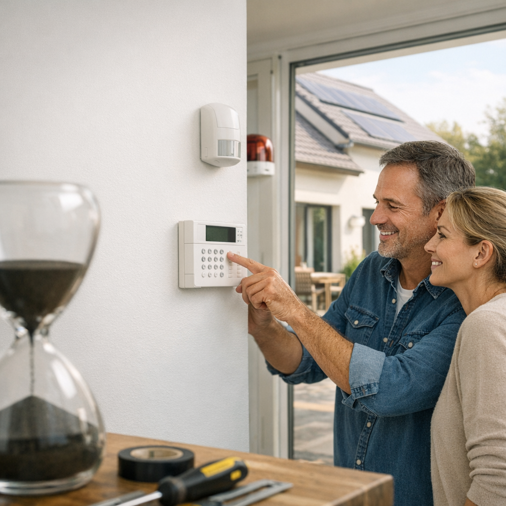 A couple smiles as they program a security system on a wall-mounted control panel.