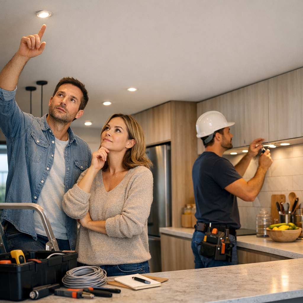 A man points to the ceiling while a woman looks on thoughtfully, as a worker in a hard hat installs lights in a modern kitchen.
