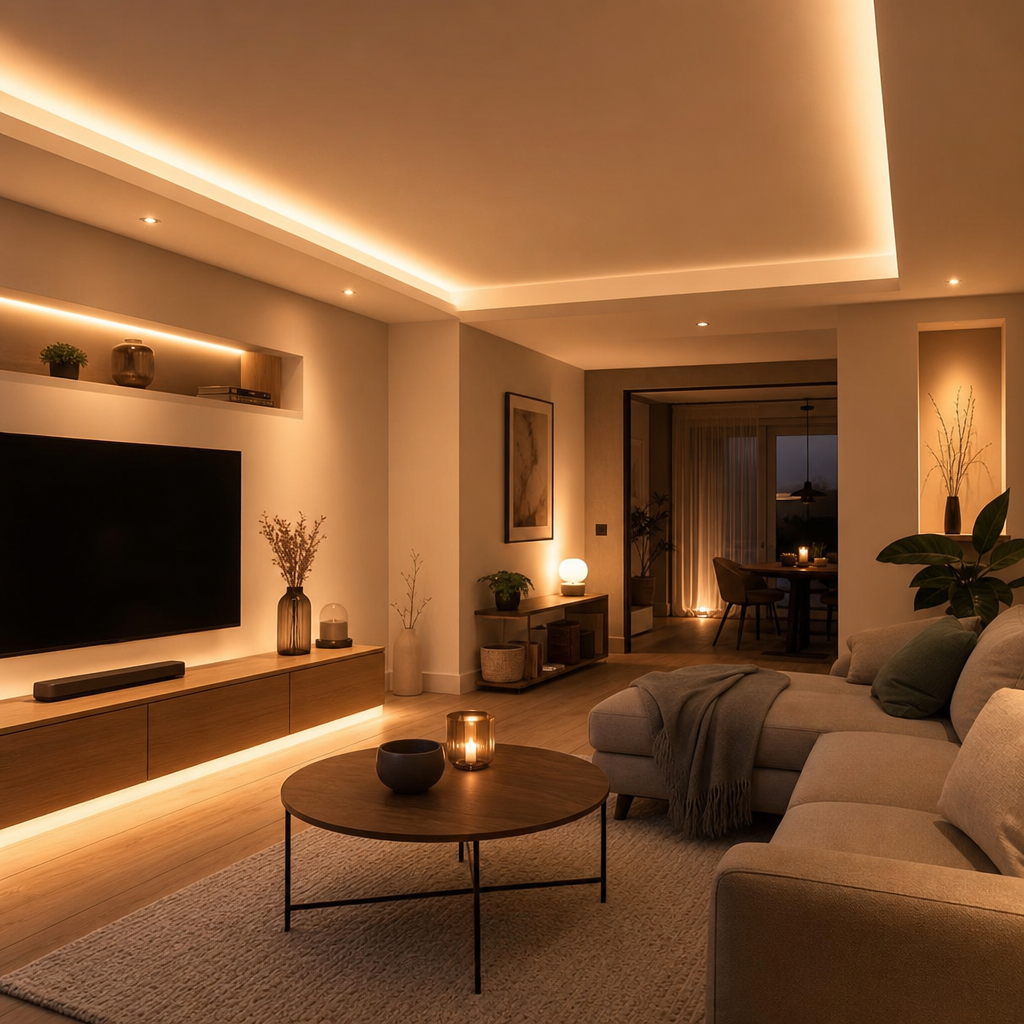 A modern, dimly lit living room featuring a large TV, a cozy sofa, a round coffee table, and decorative plants, with ambient lighting and an open dining area in the background.