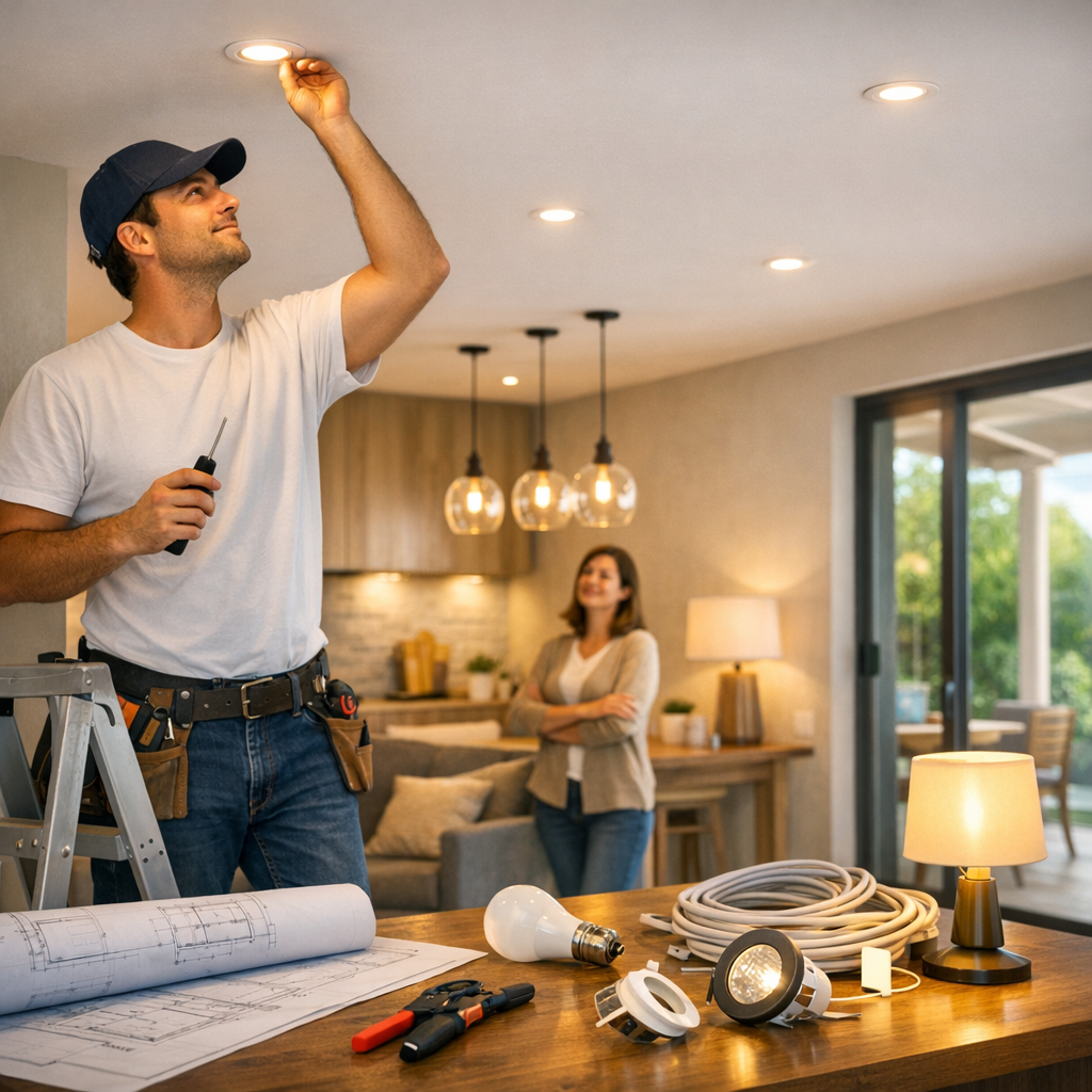 A man on a ladder installs a ceiling light fixture while a woman observes in a modern living room filled with tools and lighting materials on a table.