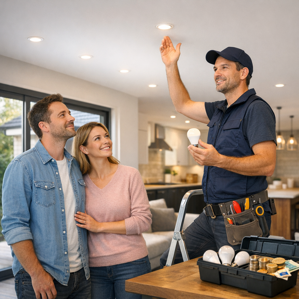 A technician on a ladder holds a light bulb while explaining something to a smiling couple in a modern kitchen.