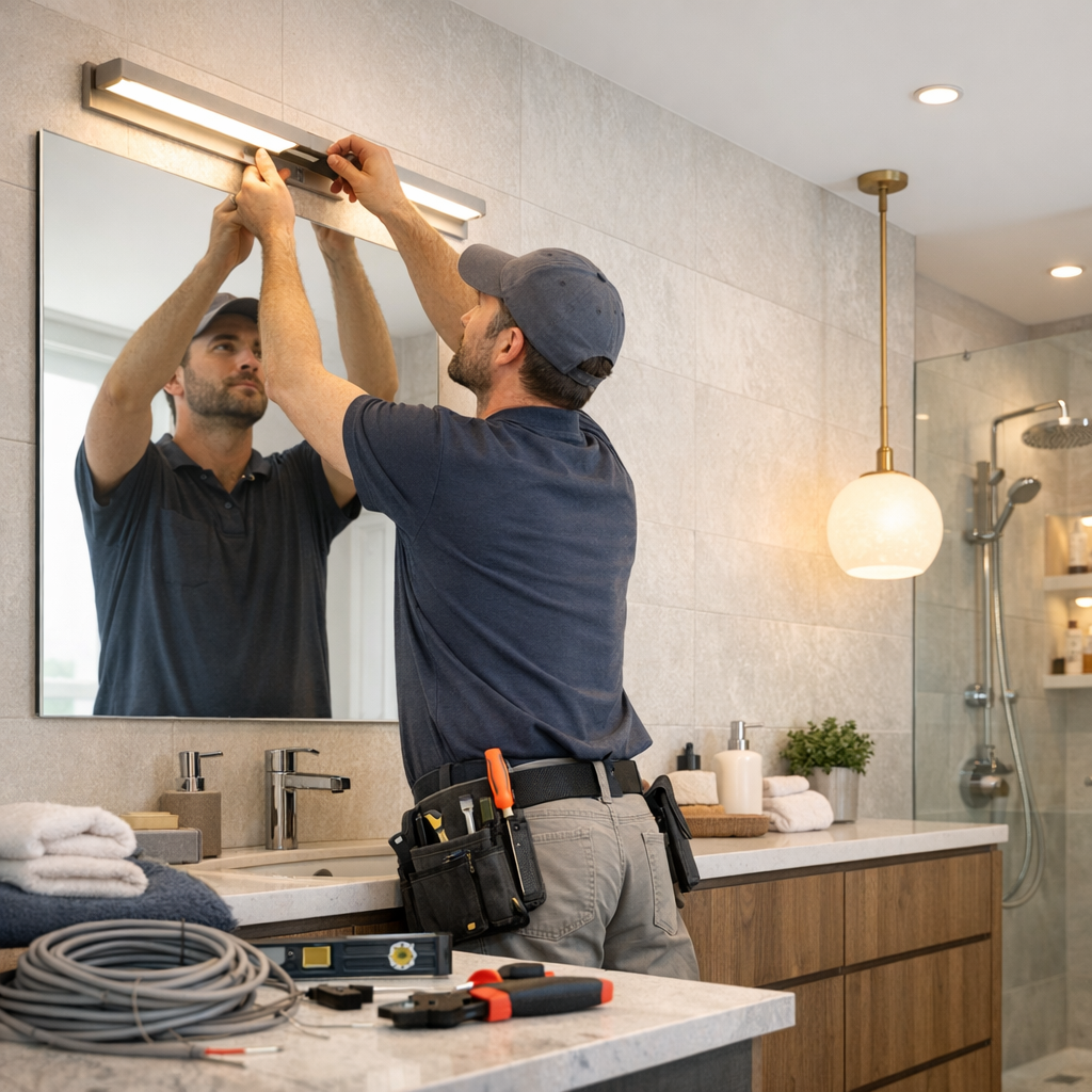A man in a cap is installing a light fixture above a bathroom mirror.