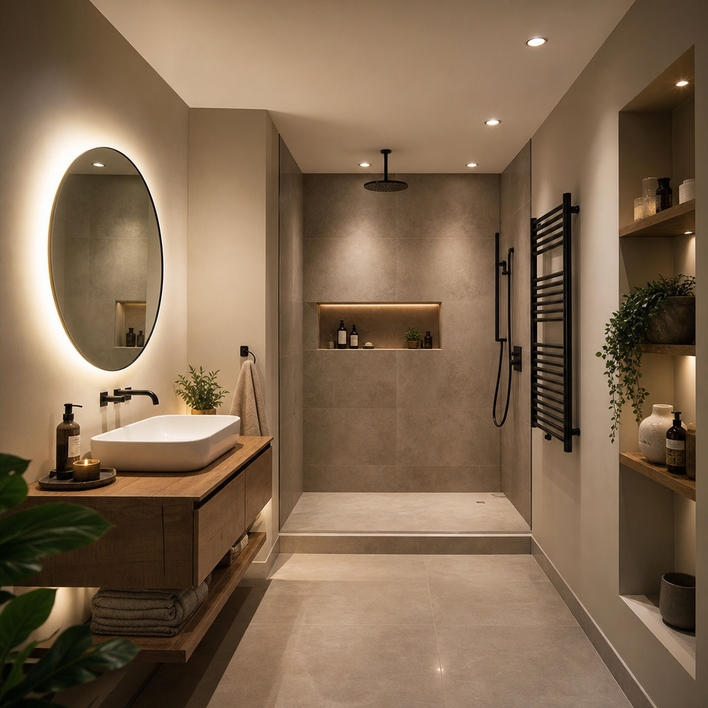 A modern bathroom featuring a wall-mounted sink, a shower area, a backlit mirror, and shelves with plants and toiletries.