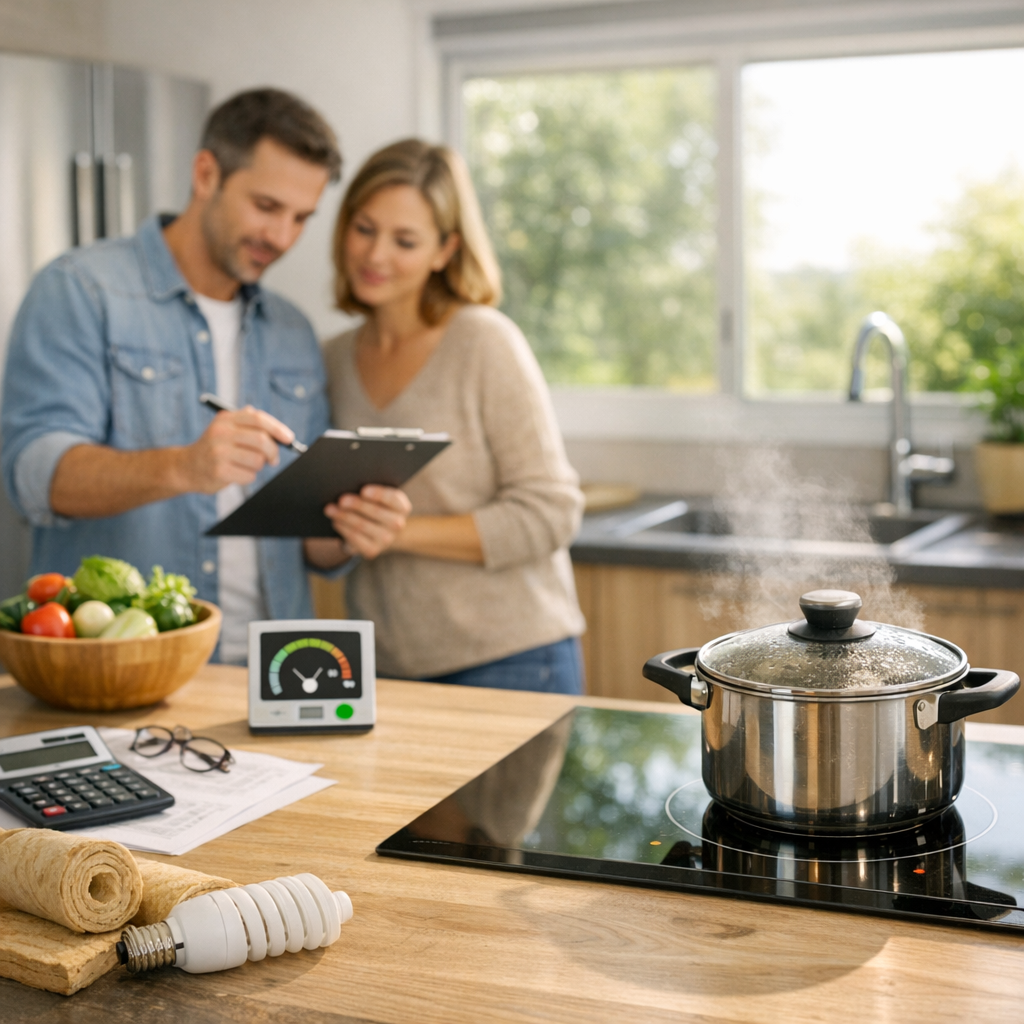 A man and woman stand in a kitchen, inspecting a clipboard together, while a pot steams on an electric stovetop nearby, alongside vegetables and kitchen tools.