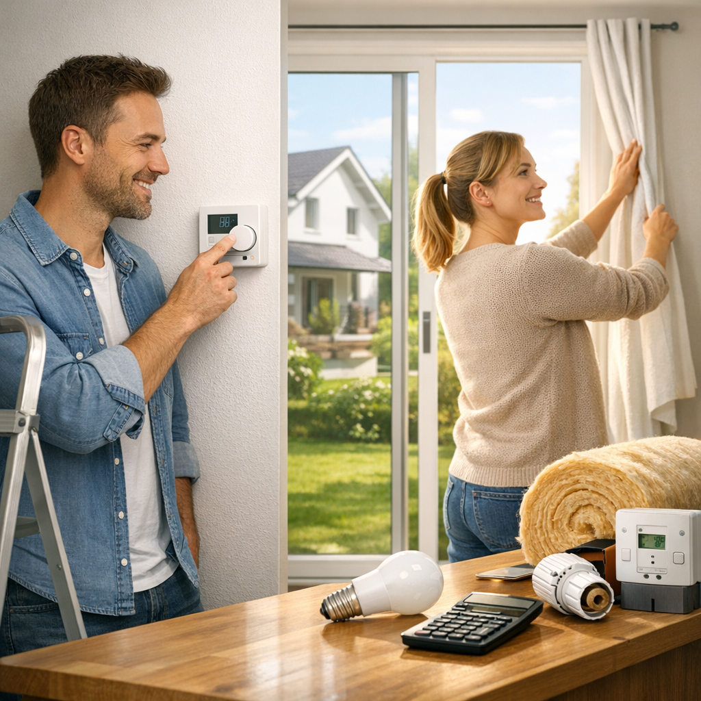 A man adjusts a thermostat on the wall while a woman hangs curtains nearby, with various home improvement tools and supplies on the table.