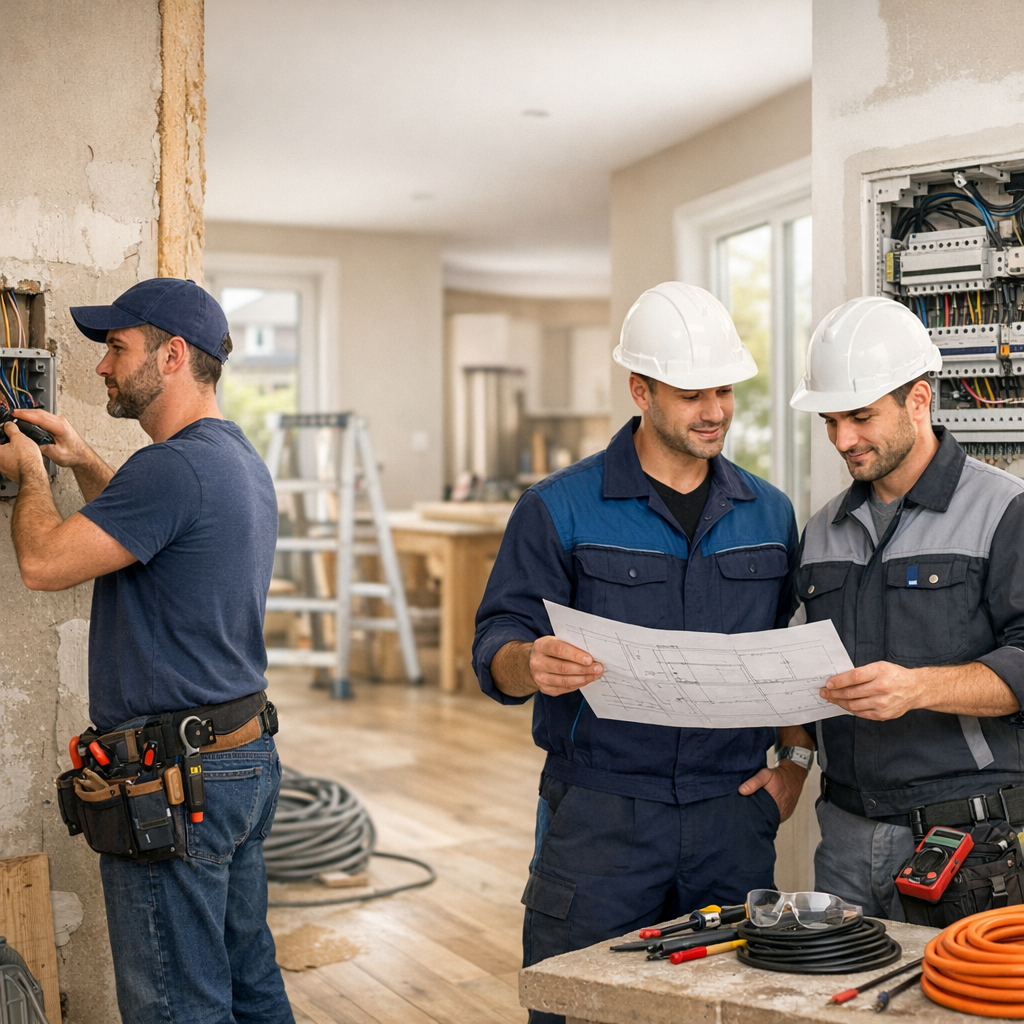 Three construction workers are in a house under renovation, with one working on electrical wiring and two others examining blueprints together.