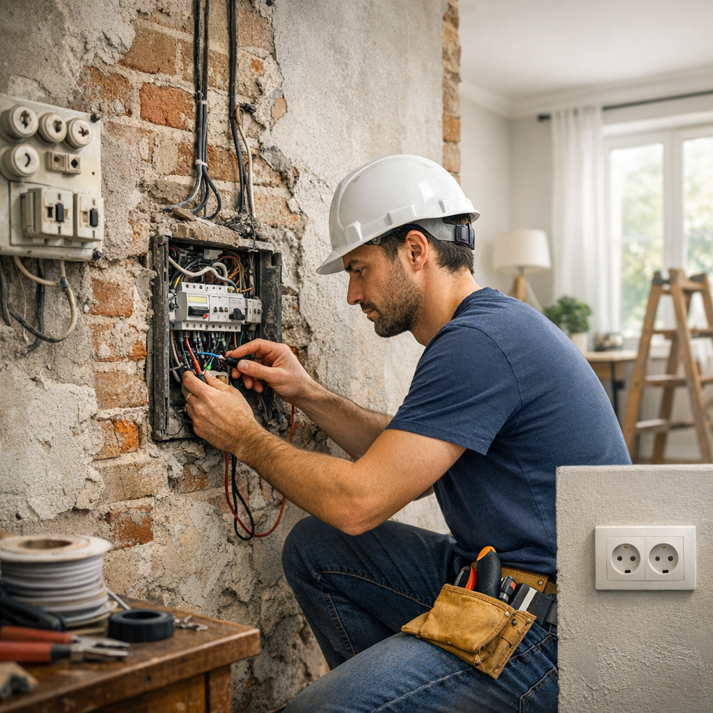 An electrician in a hard hat works on a wiring panel embedded in a brick wall, surrounded by tools and electrical supplies.