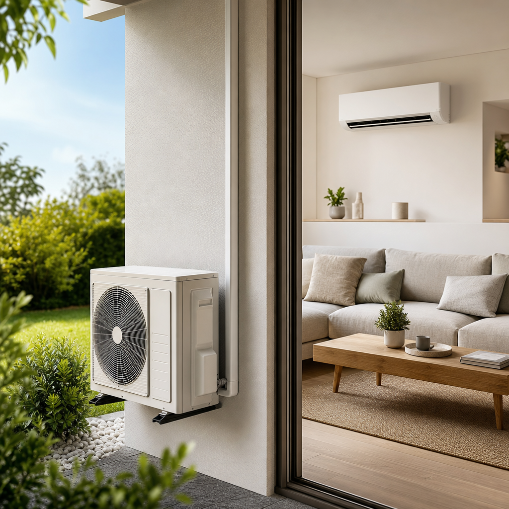 An outdoor air conditioning unit is installed beside a modern living room with a couch and coffee table, framed by a garden view.