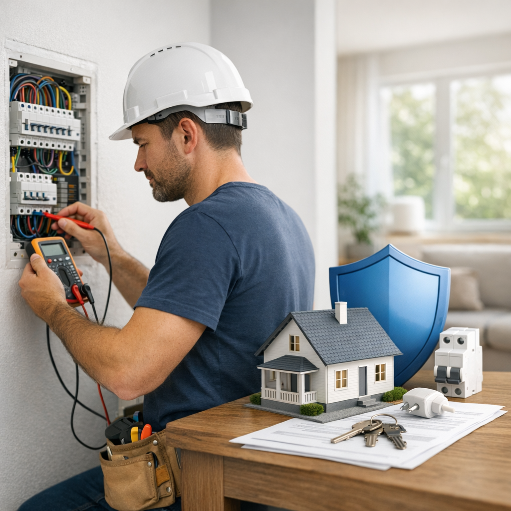 An electrician in a hard hat works on a circuit panel while tools, a miniature house, a shield, and paperwork are visible on a table in the foreground.