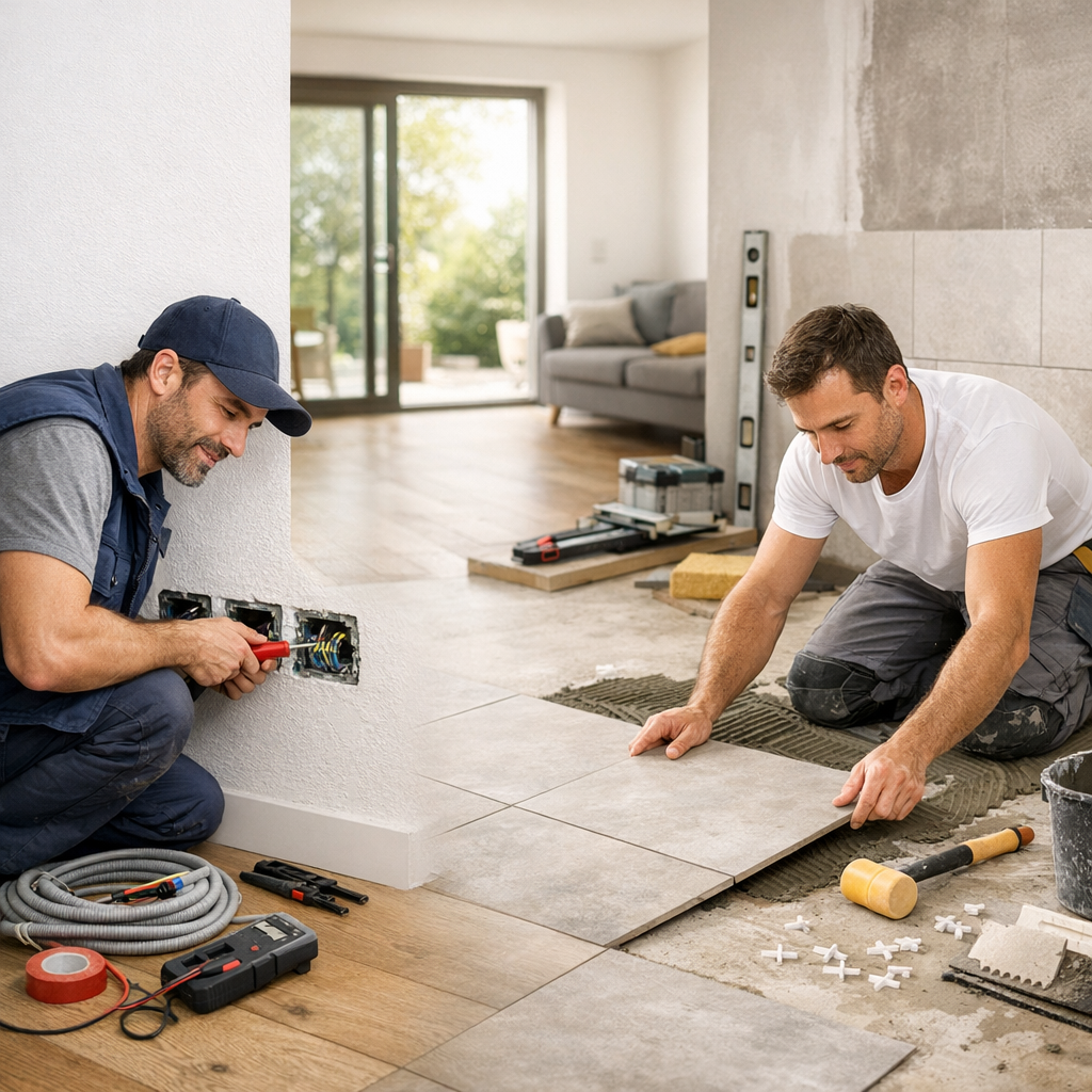 Two men work on home renovation; one is installing electrical wiring while the other is laying tiles on the floor.