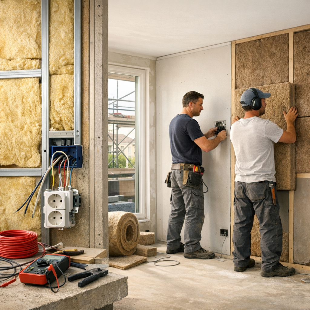Two workers install insulation in a wall, with one wiring an electrical outlet and the other attaching insulation panels, while tools and materials are scattered on the floor.