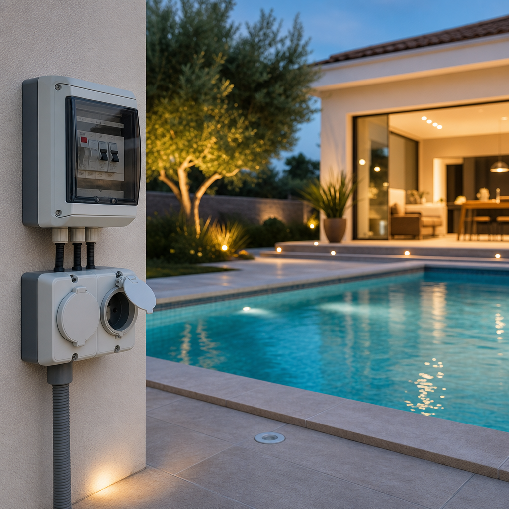 A poolside electrical control box is mounted on a wall beside a swimming pool, with a modern home and landscaped garden visible in the background at dusk.