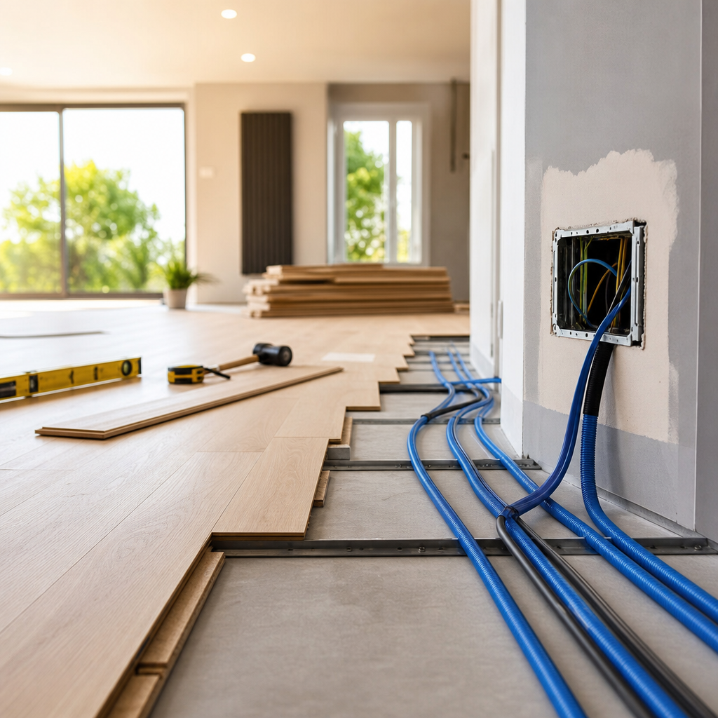 An interior room undergoing renovations, featuring wooden flooring, blue and black cables running along the floor, and a wall outlet with exposed wiring.