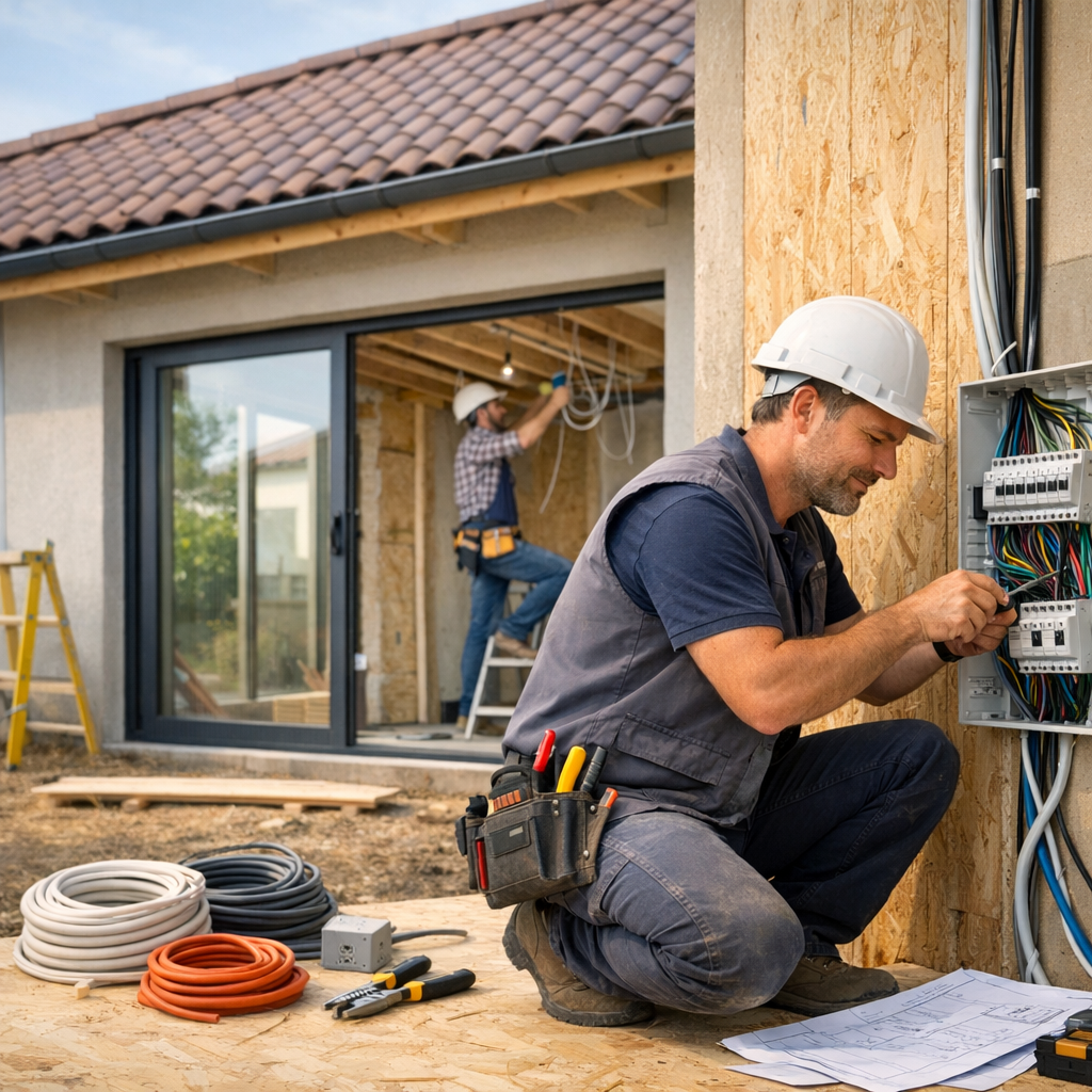 A male electrician kneels on the ground working on a circuit panel, while another worker stands on a ladder installing wiring in a partially built house.