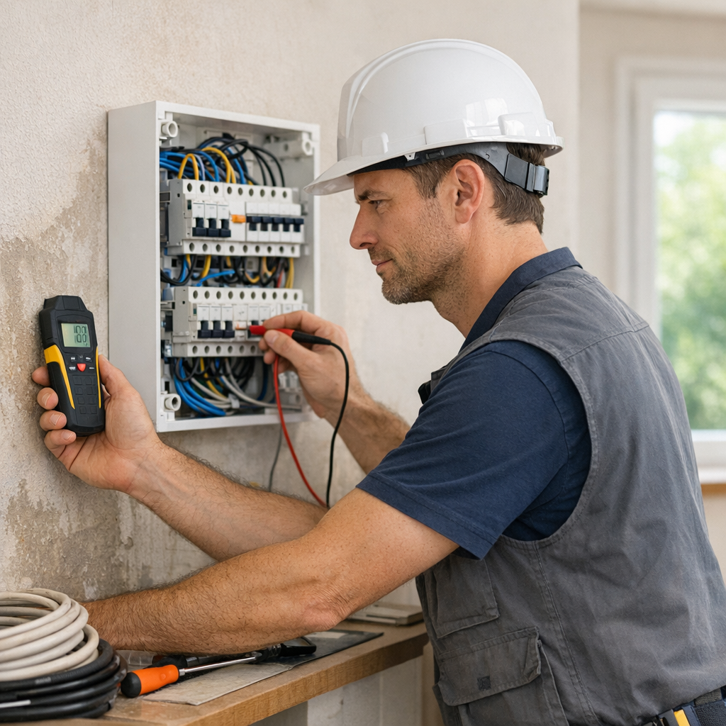 An electrician in a hard hat uses a multimeter while working on an electrical panel mounted on a wall.
