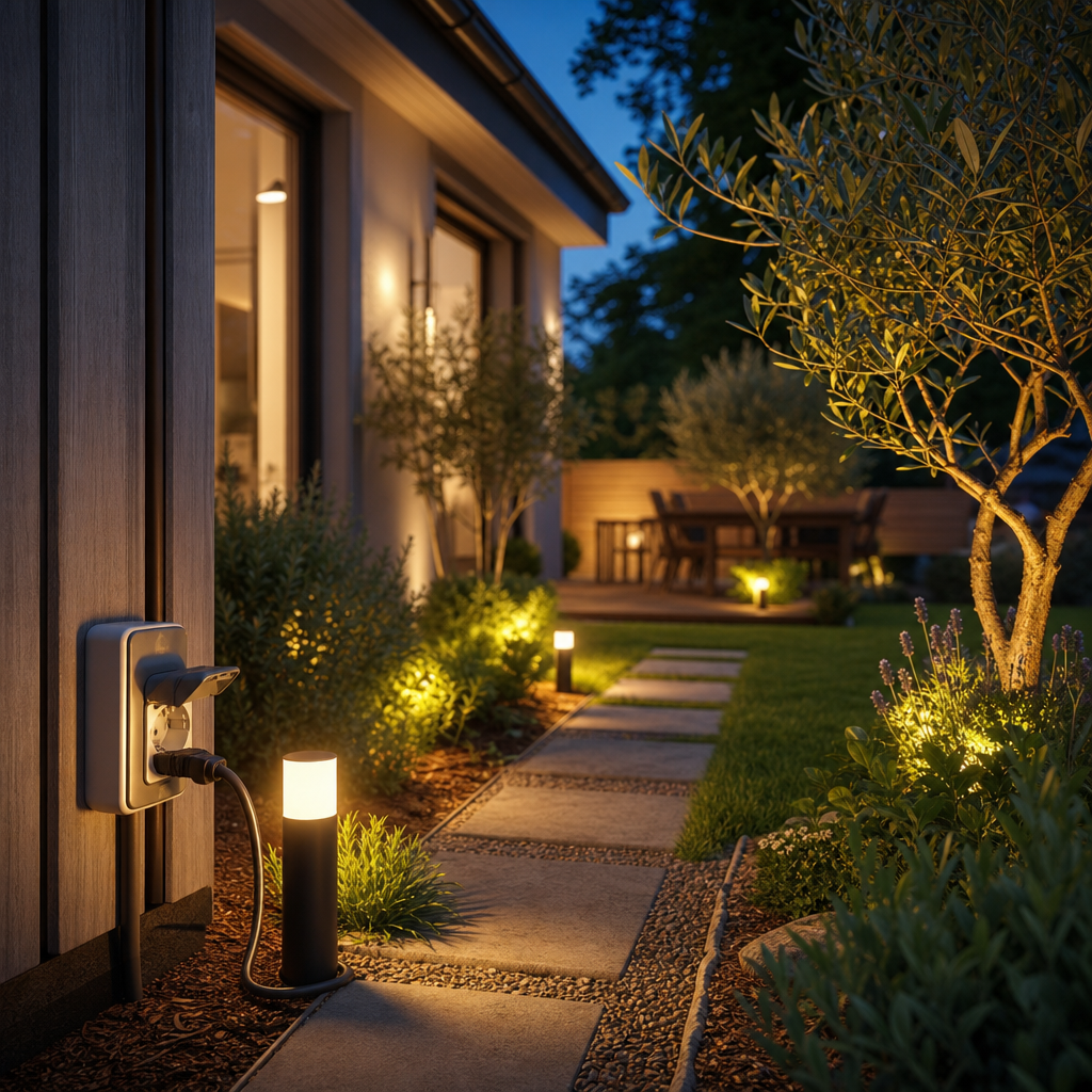 A landscaped pathway leads to a modern home, illuminated by outdoor lighting, with a power outlet visible on the side of the house.