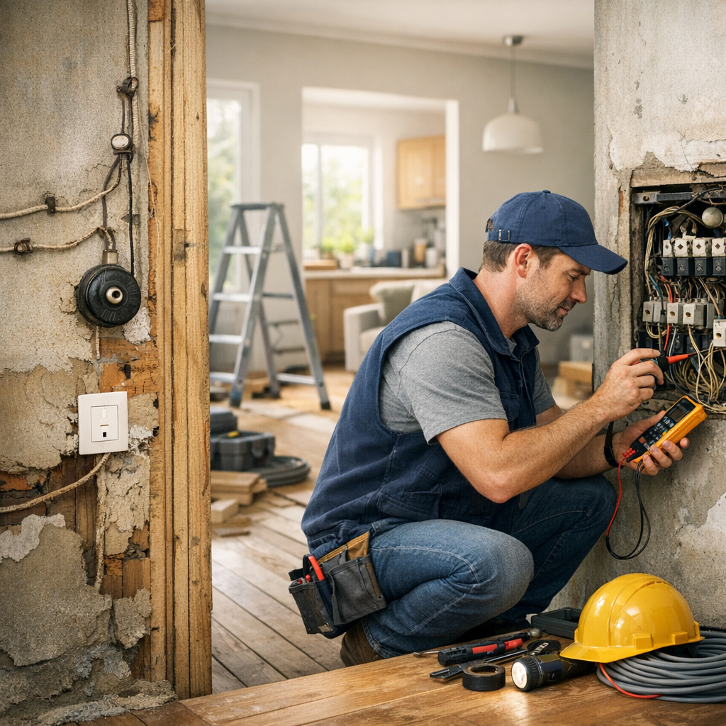 An electrician crouches beside an exposed electrical panel in a partially renovated room, using a multimeter to test wires.