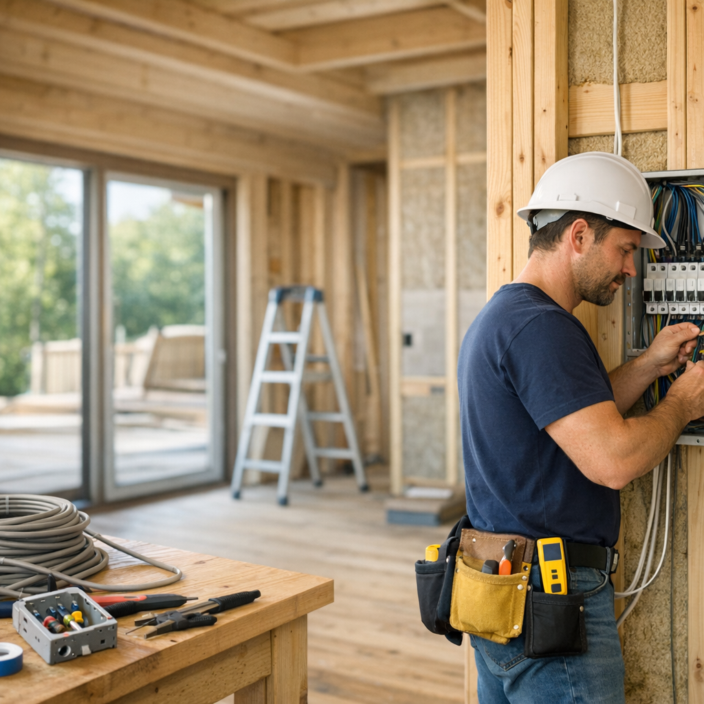 An electrician in a hard hat works on a circuit breaker panel in a partially constructed room.